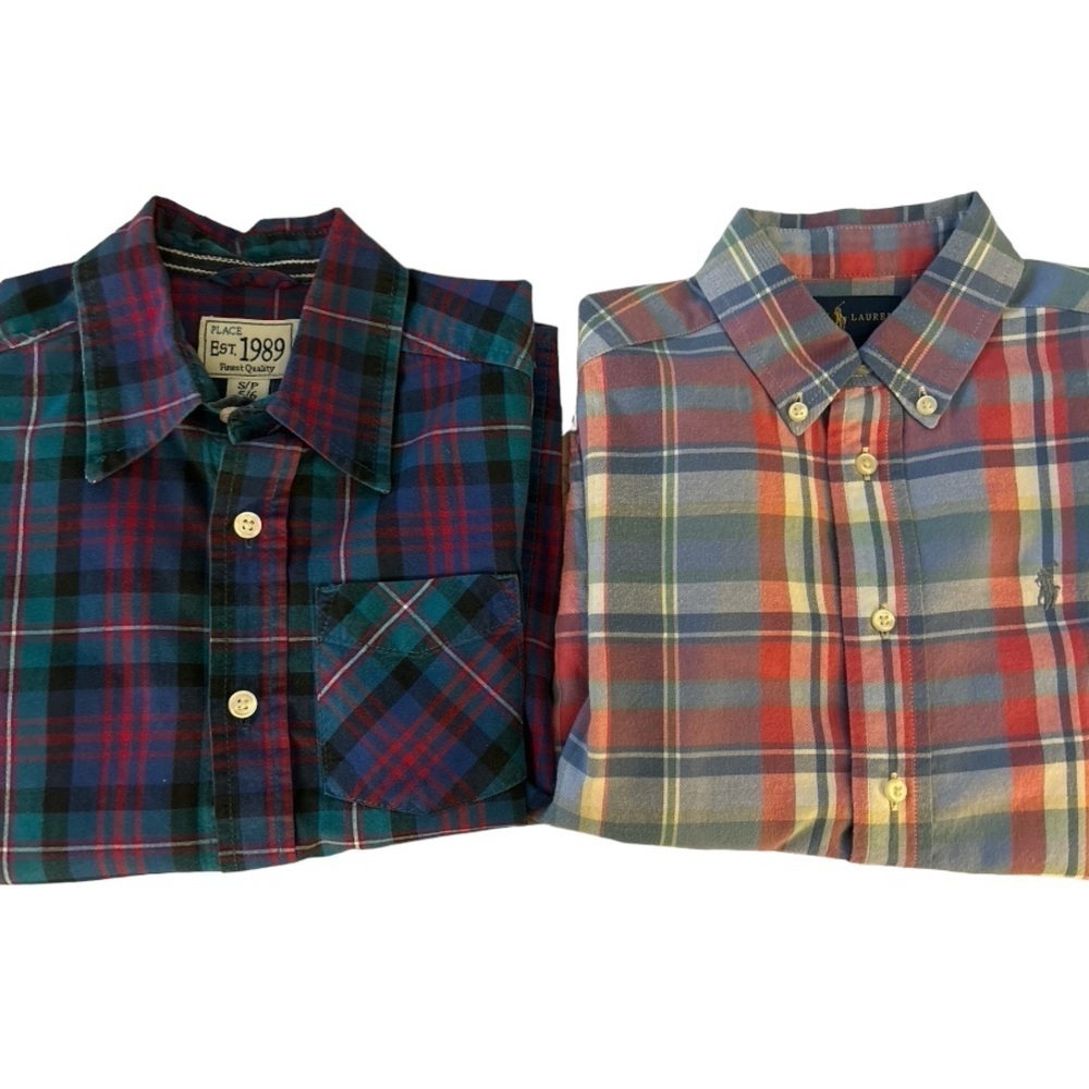 Bundle of 2 boys button down shirts. Lighter shirt is size 5.  Darker one is 5/6